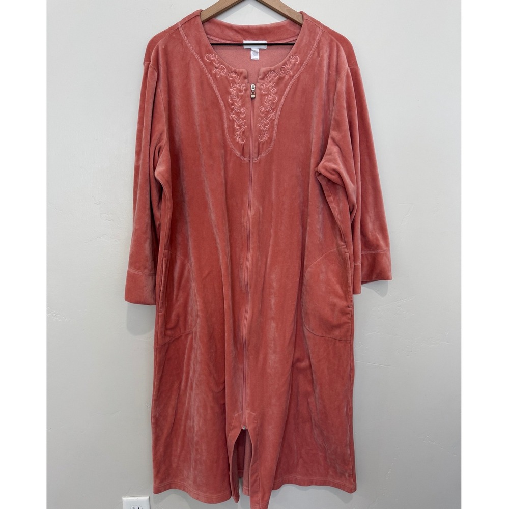 Miss‎ Elaine Velour Zip Front Robe XL Coral Pink Embroidered Housecoat Cottage